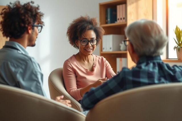 Group therapy session. Three people sitting in a circle, engaged in conversation. The scene features warm lighting, creating a comfortable and supportive environment. Focus on mental health and communication.