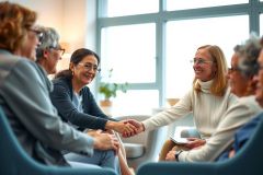 Business professionals in a meeting, shaking hands. Diverse group in a modern office setting, fostering connection and collaboration. Warm lighting, blue chairs, and a friendly atmosphere.