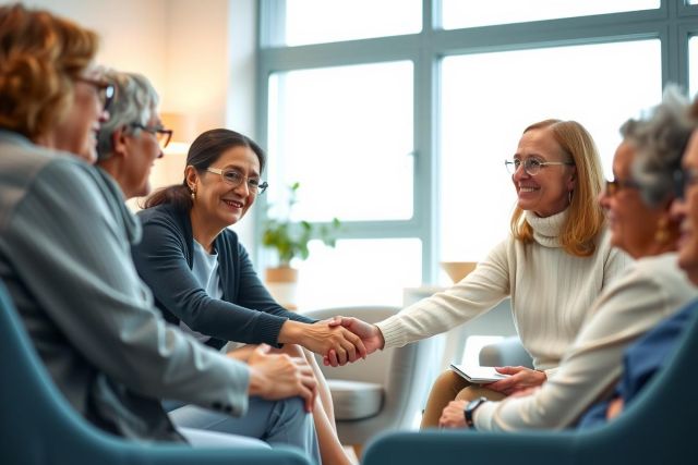 Business professionals in a meeting, shaking hands. Diverse group in a modern office setting, fostering connection and collaboration. Warm lighting, blue chairs, and a friendly atmosphere.