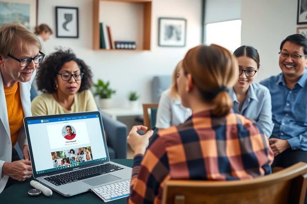 A group of diverse individuals gathered around a laptop screen, engaged in a meeting or presentation. They are seated on chairs arranged around a table. The room is well-lit and features office decor.