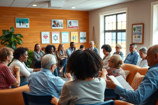 The image shows a group of people gathered in an office-like environment. They appear to be engaged in a discussion or meeting, seated around the room. The room has a wooden wall and floor, creating a warm atmosphere. 

