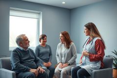 Doctor consults with a senior patient and his daughter in a modern clinic waiting room. Blue walls and natural light create a calm atmosphere. Healthcare, family, and medical consultation themes are present.