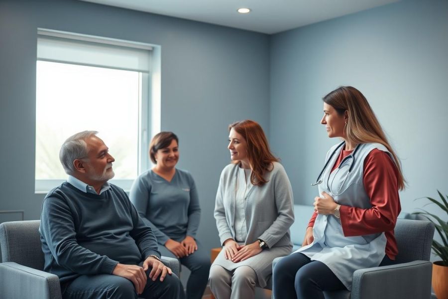 Doctor consults with a senior patient and his daughter in a modern clinic waiting room. Blue walls and natural light create a calm atmosphere. Healthcare, family, and medical consultation themes are present.