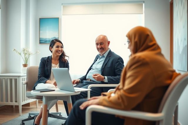 Business meeting: a diverse group discusses strategy in a modern office. A woman in a blazer and two men are seated around a table. The setting appears professional and collaborative with natural light.