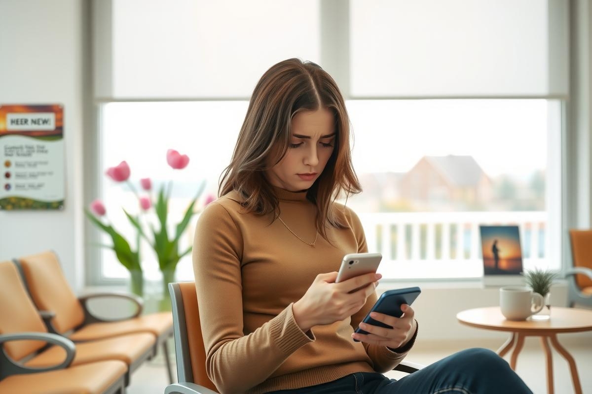 The image shows a woman sitting in what appears to be a waiting room or office. She is focused on her smartphone, which she holds with both hands. The environment suggests a professional setting, possibly a doctor's office or corporate space, indicated by the presence of chairs and other decor typical for such locations.
