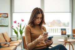 The image shows a woman sitting in what appears to be a waiting room or office. She is focused on her smartphone, which she holds with both hands. The environment suggests a professional setting, possibly a doctor's office or corporate space, indicated by the presence of chairs and other decor typical for such locations.
