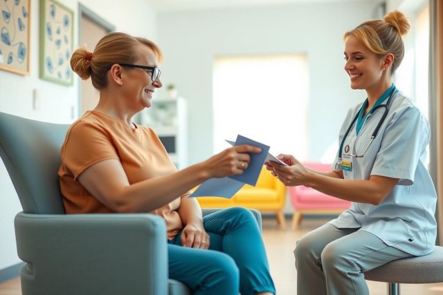 Doctor and patient during a consultation. A healthcare professional sits with a woman, discussing medical information in a brightly lit clinic. Blue and green tones dominate the scene.