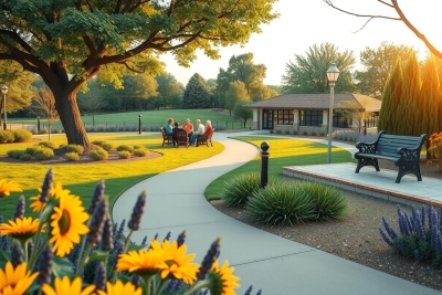 The image shows a beautifully maintained park during sunset. The walkway is lined with lush plants, and yellow flowers are blooming on either side. A stone building with a classic design can be seen in the distance. There's a bench where people are seated, enjoying the tranquility of the environment. The sky has hues of orange, indicating it's late afternoon or early evening. The overall atmosphere is peaceful and inviting, offering a serene getaway for park visitors.
