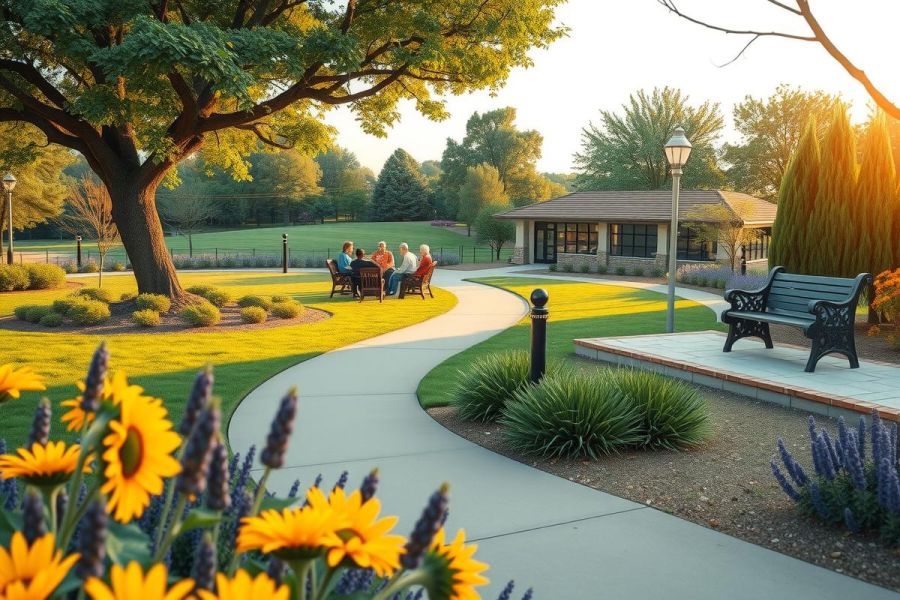 The image shows a beautifully maintained park during sunset. The walkway is lined with lush plants, and yellow flowers are blooming on either side. A stone building with a classic design can be seen in the distance. There's a bench where people are seated, enjoying the tranquility of the environment. The sky has hues of orange, indicating it's late afternoon or early evening. The overall atmosphere is peaceful and inviting, offering a serene getaway for park visitors.