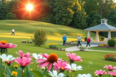 The image shows a vibrant scene at sunset on a golf course. There are people walking and engaging in various activities. A gazebo and flower garden add to the scenic atmosphere, creating a peaceful setting as day transitions into evening.