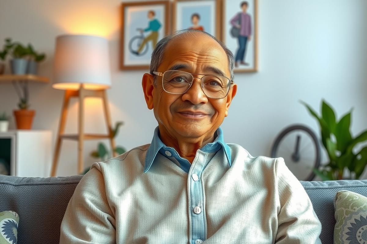 A middle-aged man sitting comfortably on a couch, with a neutral expression. He's wearing glasses and a light-colored shirt. The living room has a contemporary feel, decorated with artwork, plants, and modern furniture.
