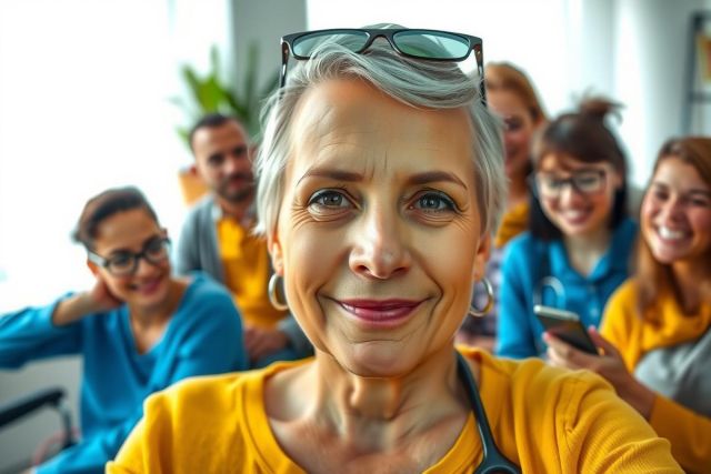In the image, there is an elderly woman taking a selfie with a group of people behind her. She has short gray hair and is wearing glasses.