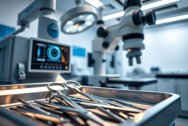 Surgical instruments on a stainless steel tray in a bright operating room. Sterile medical equipment, surgical lights, and a monitor create a clinical environment. Focus on precision and healthcare technology. Blue and silver tones dominate the scene.