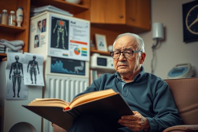 The image depicts a senior man sitting in his living room, engrossed in reading a book. He is comfortably seated on a couch that occupies the lower half of the frame, while he holds a hardcover book in his hands with both hands. 