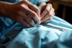 Close-up of hands holding tweezers, likely in a lab or medical setting. Focus is on precision and detail with blue tones dominating the scene.