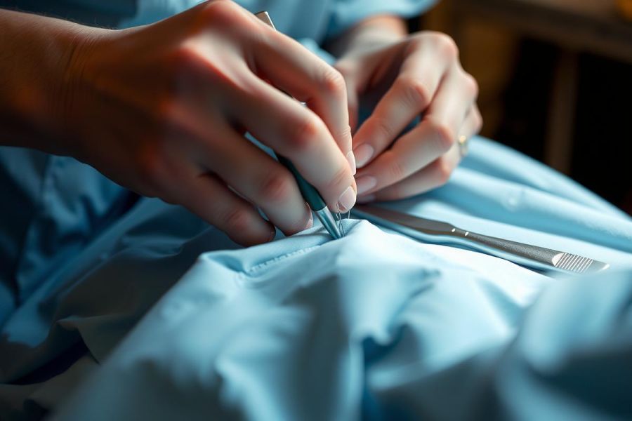 Close-up of hands holding tweezers, likely in a lab or medical setting. Focus is on precision and detail with blue tones dominating the scene.