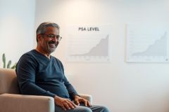 Mature man with glasses smiles while seated in a modern waiting room. Charts displaying PSA levels are visible on the wall behind him, suggesting a medical context. The room features neutral colors like gray and white with a touch of greenery. Focus is on health, wellness, and patient care.