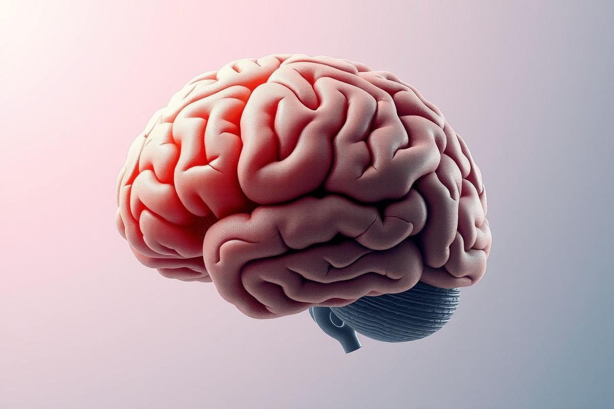 The image displays a 3D rendering of a human brain with a focus on the cerebellum, set against a gray gradient background. The brain is illustrated with a realistic color scheme and shading that highlights its complexity.