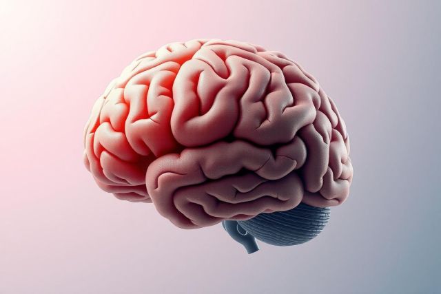 The image displays a 3D rendering of a human brain with a focus on the cerebellum, set against a gray gradient background. The brain is illustrated with a realistic color scheme and shading that highlights its complexity.