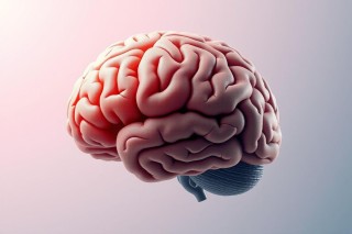 The image displays a 3D rendering of a human brain with a focus on the cerebellum, set against a gray gradient background. The brain is illustrated with a realistic color scheme and shading that highlights its complexity.