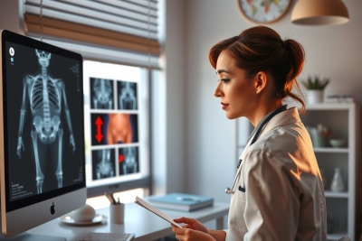The image shows a female medical professional, likely a radiologist or an oncologist, engaged in reviewing X-ray images on a computer screen. She is wearing a white coat and appears to be focused on the task at hand.