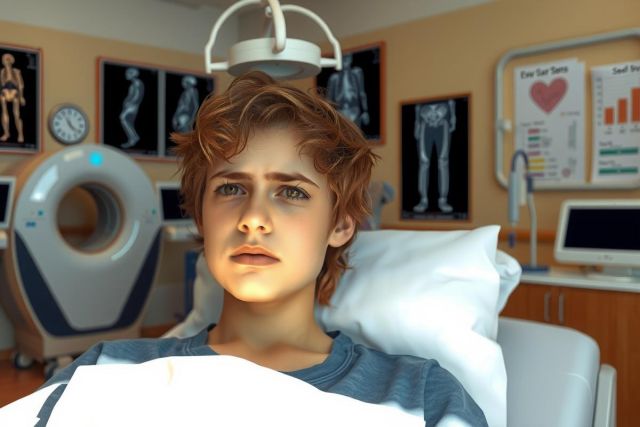 The image depicts a young man lying in a hospital bed, possibly undergoing medical imaging. The environment appears to be an MRI or CT scan room, indicated by the large circular scanner above him and various medical equipment around. The color palette is a mix of neutral tones with some blue and green hues on the walls and monitors.