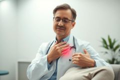 Concerned male doctor in white coat and glasses clutches his chest, suggesting heart pain or discomfort. The image depicts a healthcare professional experiencing symptoms in a modern, blurred office setting. Red highlights emphasize the chest area, conveying medical urgency.