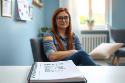 This image depicts a woman sitting at a desk in an office setting. She is wearing glasses and has her hand resting on the desk while she leans back in her chair, looking directly at the camera with a neutral expression.