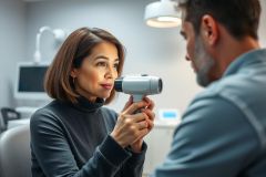 Doctor examining patient's nose with an otoscope in a modern medical clinic. The scene features a healthcare professional and patient in a bright, clean environment with neutral tones. Focus on medical examination, ENT care, and professional healthcare setting.