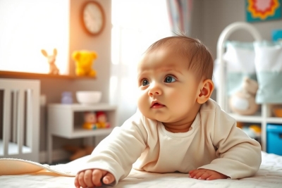 The image shows a baby crawling on a bed. The room is brightly lit, possibly from natural light coming through the window, which suggests it's daytime. The walls are painted white and there are toys scattered around, indicating that this could be a nursery or child's bedroom.