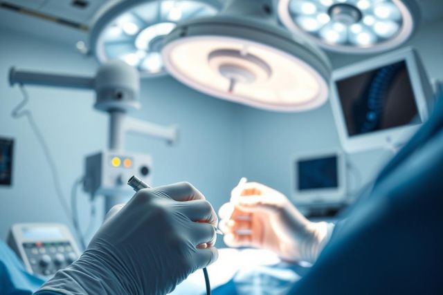 Surgical scene in a modern operating room. Hands in surgical gloves perform a procedure under bright overhead lights. Monitors and medical equipment visible, showcasing a sterile, blue-toned healthcare environment. Focus on precision and medical technology.