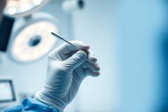 Close-up of a gloved hand holding a surgical instrument in an operating room. The scene features bright, sterile lighting, a blue surgical gown, and a metallic tool, suggesting a medical procedure or surgery.  Blue and white tones dominate the image, conveying a clinical environment.