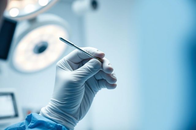 Close-up of a gloved hand holding a surgical instrument in an operating room. The scene features bright, sterile lighting, a blue surgical gown, and a metallic tool, suggesting a medical procedure or surgery.  Blue and white tones dominate the image, conveying a clinical environment.