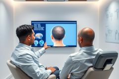 Two men in a modern clinic viewing a hair transplant simulation on a large screen. The image showcases medical technology, hair loss treatment, and a consultation setting with a focus on hair restoration solutions. Predominant colors are blue and white.