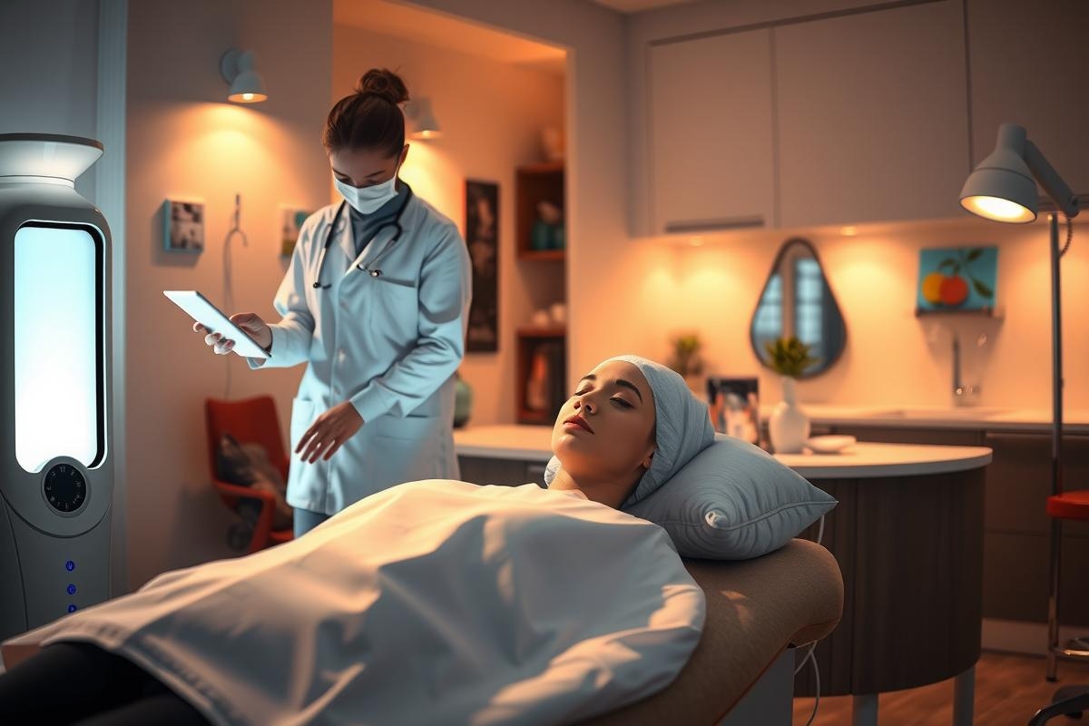 In a modern, well-lit room with grey walls and white ceiling tiles, a woman in a surgical gown is lying on a chair. A female doctor stands behind the patient, wearing a surgical mask and examining her.