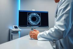 Doctor examining an eye scan on a computer monitor in a modern medical clinic. The image showcases diagnostic technology with a focus on ophthalmology, featuring a blue-lit environment and grayscale scan. Healthcare, eye care, and medical imaging are key themes.