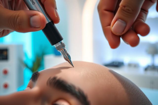 Close-up of a beauty treatment, likely microblading or a similar cosmetic procedure, being performed on a person's forehead. The image shows a specialized tool and focuses on precision and detail against a clinical, bright background.