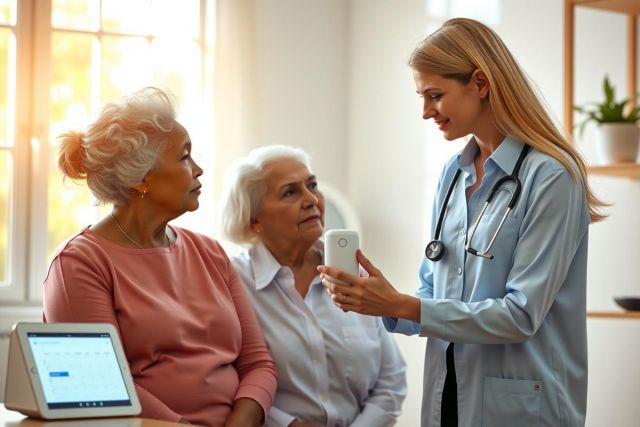 A healthcare professional examines a patient with a tablet device. The scene depicts a medical check-up, with a focus on patient care and technology in healthcare. Warm lighting and a focus on a patient-doctor interaction.