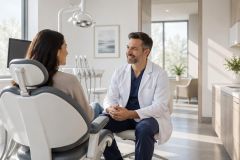 Dentist in white coat consulting seated patient in bright, modern dental exam room.