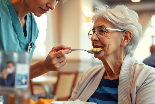 A healthcare worker feeds an elderly woman at a table in a bright, indoor setting. The scene depicts caregiving and senior support, with warm tones and a focus on compassion.