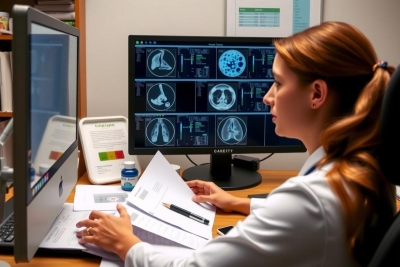 The image depicts a female medical professional in a modern, well-equipped room. She is focused on a computer screen displaying medical images and data, suggesting she's working with patient information or conducting research related to healthcare imaging.