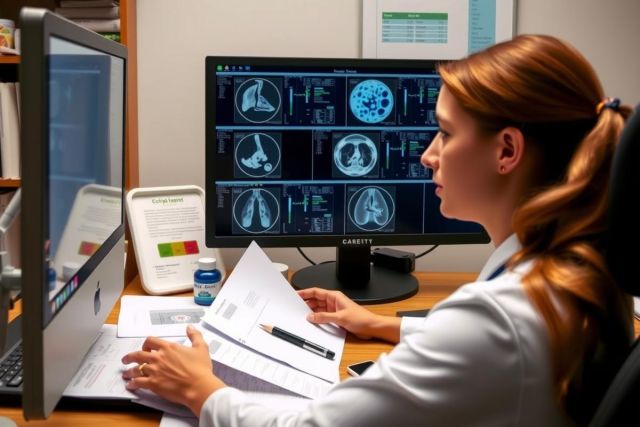 The image depicts a female medical professional in a modern, well-equipped room. She is focused on a computer screen displaying medical images and data, suggesting she's working with patient information or conducting research related to healthcare imaging.