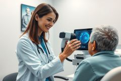 Doctor examining patient's eye with specialized equipment in a modern medical clinic. Healthcare professional, eye exam, diagnostic technology, and patient care are key themes. Blue and white color palette, clinical setting.