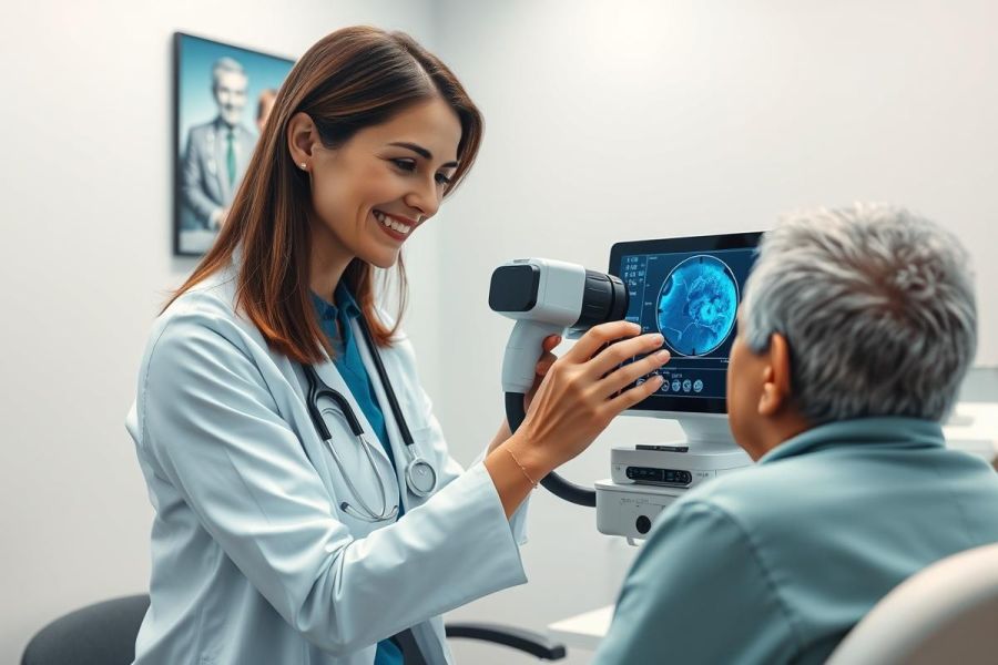 Doctor examining patient's eye with specialized equipment in a modern medical clinic. Healthcare professional, eye exam, diagnostic technology, and patient care are key themes. Blue and white color palette, clinical setting.