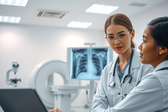 Two doctors in scrubs examine a chest X-ray on a monitor in a medical facility. The scene highlights healthcare professionals discussing diagnostic imaging and patient care.