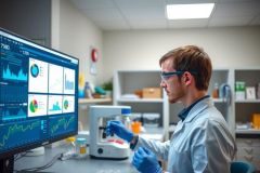 Scientist in a lab coat and gloves analyzing data on a monitor. The image shows lab equipment and displays charts, representing research and scientific analysis in a modern laboratory setting.