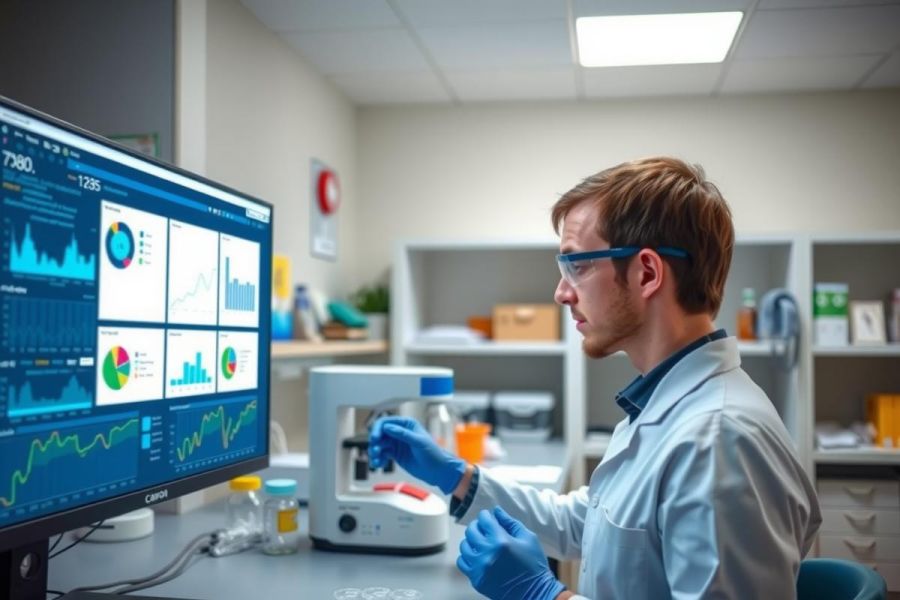 Scientist in a lab coat and gloves analyzing data on a monitor. The image shows lab equipment and displays charts, representing research and scientific analysis in a modern laboratory setting.
