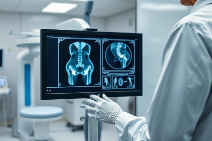 Medical X-ray image displayed on a monitor in a clinical setting. A doctor in a white coat examines a blue-toned scan of the pelvis and spine. Healthcare, radiology, and diagnostic imaging concepts are depicted in a modern, sterile environment.