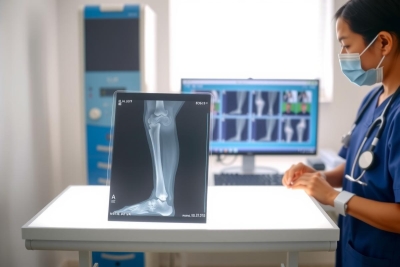 X-ray image of a foot and ankle displayed on a lightbox in a medical setting. A healthcare professional in scrubs and a mask stands nearby. Diagnostic imaging, patient care, radiology.