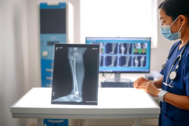 X-ray image of a foot and ankle displayed on a lightbox in a medical setting. A healthcare professional in scrubs and a mask stands nearby. Diagnostic imaging, patient care, radiology.